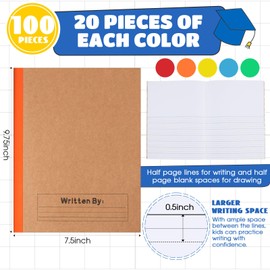 Henoyso 100 Pcs Primary Composition Notebook for Kids 9.75 x 7.5 Inch K-2 Primary Writing Journal with Rainbow Spine 60 Pages Draw and White Journal for Student School Supplies