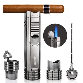 All-in-One Triple Torch Cigar Lighter With Poker, Punch, Holder, Gas Window - Gorgeous Gifts for Men, Windproof Butane Refillable Lighters for Smoking, Candles, Grilling Outdoors