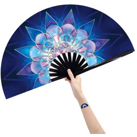 Amajiji Large Folding Fan, Chinease/Japanese Bamboo and Nylon-Cloth Folding Hand Fan, Hand Folding Fans for Women/Men, Hand Fan Festival Fan Gift Fan Folding Fan Dance Fan (Blue Ｆlower)