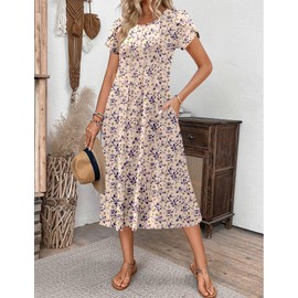 Zeagoo Midi Dresses for Women 2025 Short Sleeve Swing Dresses A-Line Pleated Sundress Crew Neck Summer Dress,XXL