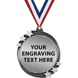 2.5" Silver Shooting Star Engraving Medal Award with Neck Ribbon, Custom Free Engraving