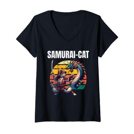 Womens Samurai Cat Dragon V-Neck T-Shirt