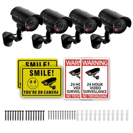 4 Packs Fake Security Camera with No Trespassing Signs Smile You're On Camera Warning Signs and Screws, Dummy Cameras with Realistic LED Red Flashing Light for Outdoor Yard& Indoor Use Set Of 8