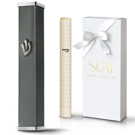 SURI Small Mezuzahs – 3.8 Inch Gray Aluminum Jewish Door Mezuza Cover with Printed Scroll Set, Contemporary Shin Design, Fits a 3 Inch Scroll, Self-Stick Adhesive, Gift Box Included