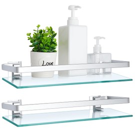 Ripeng 2 Pieces Bathroom Glass Shelf Floating Glass Corner Shelf Aluminum Tempered Glass Wall Shelves Rectangular Rustproof Wall Mounted Storage Organizer for Toilet Shower, Silver