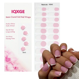 IQXGE White Pink French Tip Semi Cured Gel Nail Strips 20Pcs Self Adhesive Gel Nail Stickers Long Lasting Nails Wraps UV/LED Light Needed Waterproof Glossy Nails Polish Strips for Women