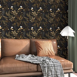 XRUIBZI Black Floral Wallpaper Peel and Stick Wallpaper Leaf Wallpapers Gold Leaf Contact Paper for Cabinets Waterproof Self Adhesive Wall Paper for Kitchen Countertop Wall 17.5" x 78"