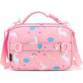 FlowFly Kids Lunch Bag, Durable Insulated School Lunch Box with Shoulder Strap and Bottle Holder, Water-resistant Thermal Small Lunch Cooler Tote for Teen Boys & Girls,Pink#Unicorn