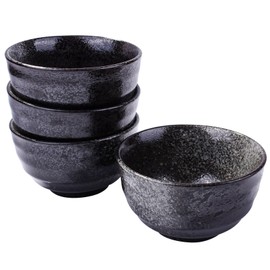 Swlthwen Japanese Porcelain Rice Bowl Set of 4, Black Ceramic Sauce Bowls Sushi Bowls for Soup Cereal Ota Sushi Rice