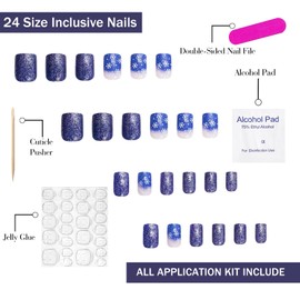 Christmas Press on Nails Short Square OFDNE Blue Glitter Fake Nails False Nails with Designs White Snowflake Gradient Glossy Glue on Nails Stick on Nails Acrylic Nails for Women Girls 24 Pcs