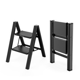 WOA WOA Step Ladder, Folding Step Stool with Widening Pedals, Portable Lightweight Home Ladder, Kitchen Stepladder, Easy to Store, Space Save 300 lbs Capacity (2 Step, Black)