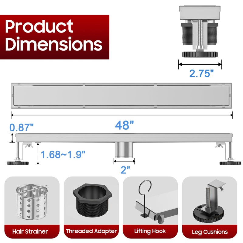 DLONE Linear Shower Drain | 48" AISI 304 Stainless Steel