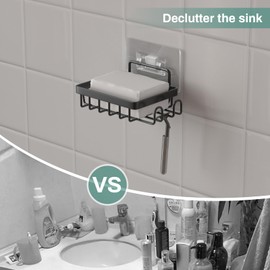 Oasiteege Adhesive Soap Bar Holder for Shower Wall, Self Draining Soap Dish Container Caddy Saver with 2 Hooks for Razor Loofah, Shampoo Sponge Tray Case Box for Bathroom Kitchen Sink, Black