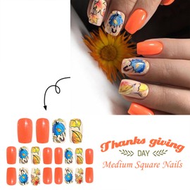 Vopintpy Fall Maple Leaf Press on Nails Thanksgiving Medium Square Fake Nails Autumn Maple Leaves Acrylic Glue on Nail Glossy Reusable Artificial Stick on Nail for Women DIY Manicure