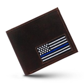 Thin Blue Line Flag Police Wallet – Full Grain Leather Policemans Wallet w/ Needlepoint Blue Stripe Flag – Mens Wallet Blue Line Bifold - Ideal Thin Blue Line Gifts or Police Gifts for Men & Women