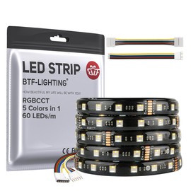 BTF-LIGHTING RGBCCT 5 Colours in 1 5050SMD LED Strip DC24V 5M 60LEDs/m 300LEDs RGB + Warm White + Cool White Black PCB IP65 Waterproof for Room Kitchen Decoration (Controller and Power Supply Not