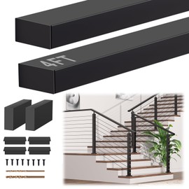 Gyykzz 4FT Black Handrail with POM Connector Block, 2 Pack Stainless Steel T304 Rectangular Flat Top Hand Rail, Stair Cable Deck Handrails for Indoor Outdoor Cable Railing System DIY Balustrade