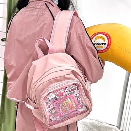 MILLEVIBE ITA Backpack Mini Bag with Pin Display Insert & Pins Kawaii Anime Transparent Daypack Girls Teens for School Anime Cosplay(Pink)