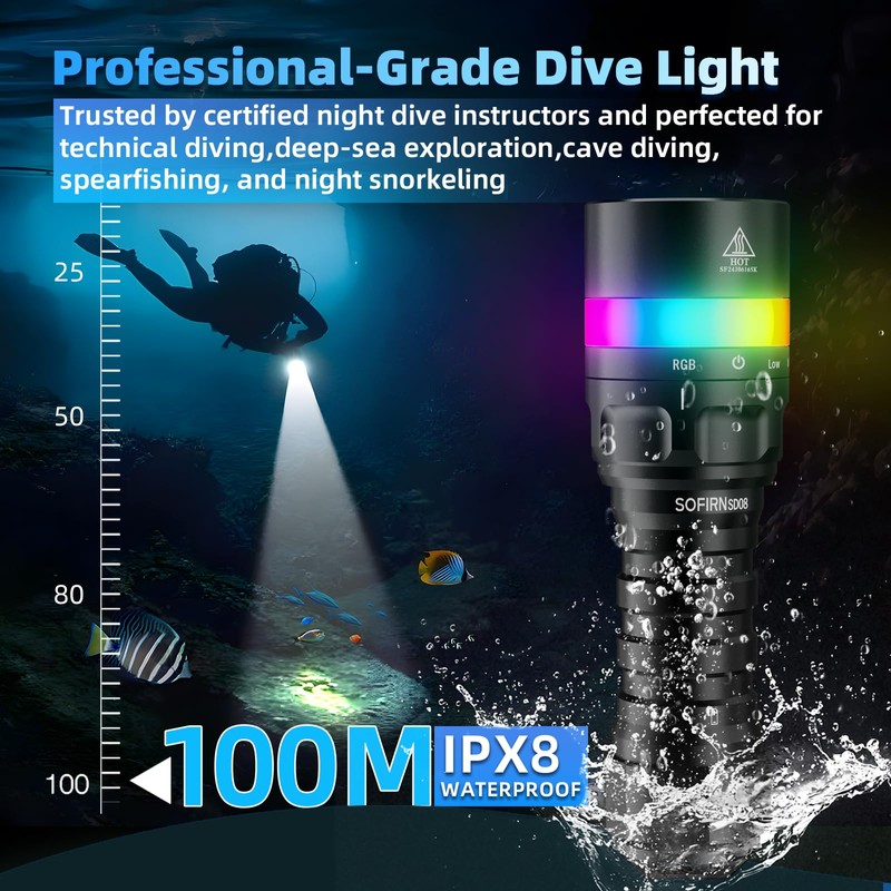 Sofirn SD08 Diving Light, 3200lm Bright Scuba Diving Flashlight, IPX8