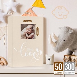 Lanpn Baby Photo Album 4x6 300 Pockets, Linen Hardcover Newborn Memory Book with Memo Writing Area, Bebe Photobook, Slip-in Picture Book, Ultrasound Album Keepsake Gifts for Girl Baby Shower Beige