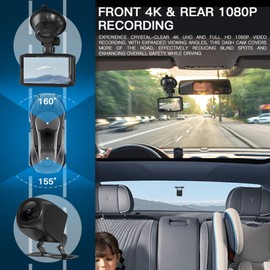 4K Dash Cam Front and Rear, 64GB SD Card, 3’’IPS Display Car Camera,4K+1080P Dual Dash Camera for Cars, Wi-Fi & App Control, Voice Control, Night Vision, 24H Parking Mode, G-Sensor