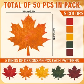 JarThenaAMCS 50Pcs Fall Maple Leaves Cutouts 5 Solid Colors Cardboard Cut-Outs Autumn Maple Leaf Paper Cutouts with 100Pcs Glue Points Bulletin Board Decor for School Classroom Home Party Supplies
