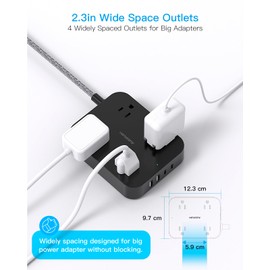 Black Extension Cord 15 Ft, Flat Plug Power Strip with 4 Outlets with 4 USB Ports(2 USB C), Wall Mount Charging Station, No Surge Protector for Home Office College Dorm Room Travel Essentials