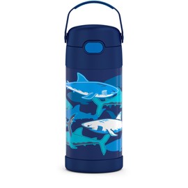 THERMOS FUNTAINER 12 Ounce Stainless Steel Vacuum Insulated Kids Straw Bottle, Sharks