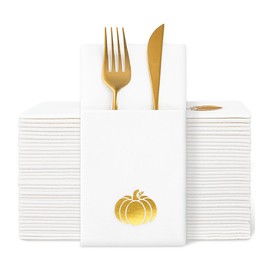 Whaline 100 Pcs Fall Linen Feel Napkins with Built-in Flatware Pocket Gold Foil Pumpkin Disposable Airlaid Paper Napkins for Thanksgiving Autumn Party Dinner Table Supplies