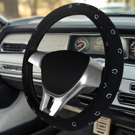 Soft Cloth Steering Wheel Cover Cute Black Fabric Car Wheel Covers Breathable Washable Car Accessory Cool in Summer Universal 14.5 15 Inch