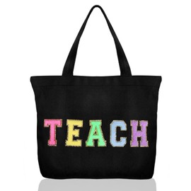 Dripykiaa Teacher Appreciation Gifts Teacher Gifts Tote Bag Canvas Chenille Letter Patches Teacher Work Bag Tote Bag with Zipper Pocket Graduation Retirement Birthday Teacher Gifts for Women