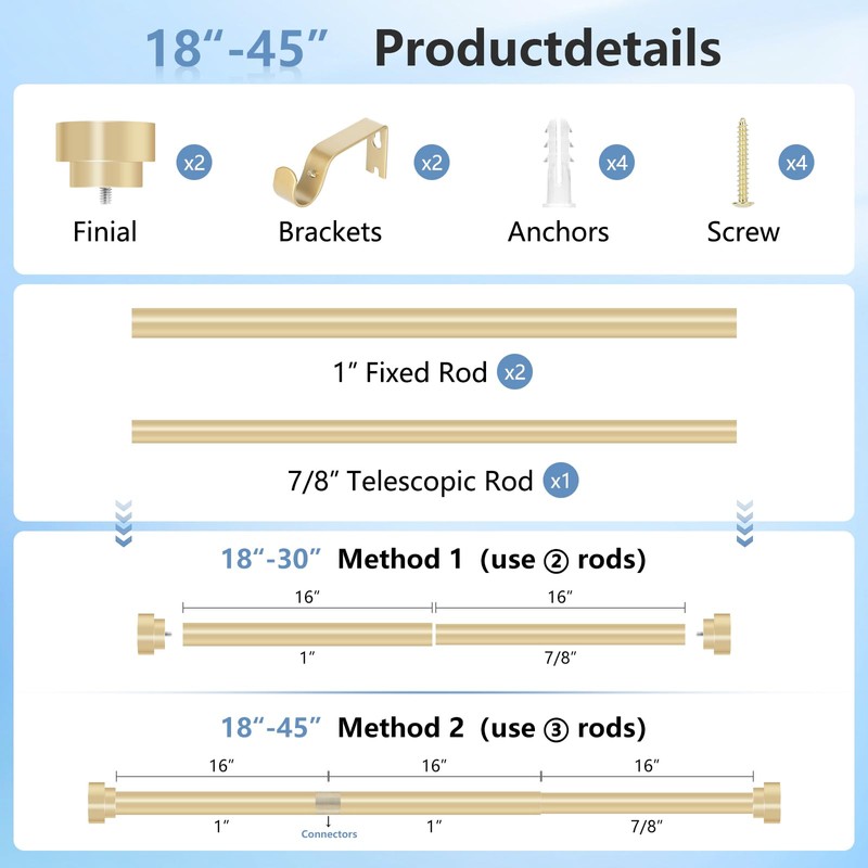 Gold Curtain Rods for Windows 30 to 42 Inch(2.5-3.5ft), 1