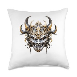 Scary Golden Yokai Oni Mask Japanese Anime Warrior Throw Pillow