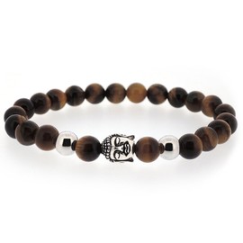 Men's Women's 925 Sterling Silver Buddha Head Figurine with 8 mm Tiger Eye Energy Stones Elastic Bracelet Necklace