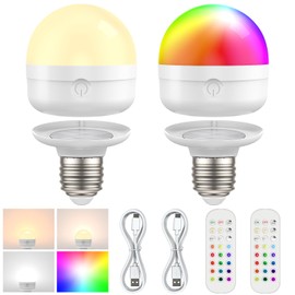 SCOPOW SCOPOW RGB Rechargeable Battery Operated Light Bulb with Remote 12 Color Temperature,450LM,Detachable Charging Magnetically Dimmer Timer Dimmer for Non-Hardwired (6W+3Colors+RGB+2PC)