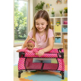 fash n kolor Doll Playpen & Crib – 22" Pink Polka Dot Baby Doll Crib Foldable Baby Doll Play Yard with Mesh Sides – Fits 18" Dolls, Pretend Nursery Accessory for Kids