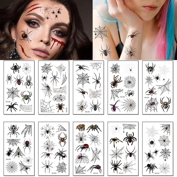 Halloween Tattoo Face Spiders Sticker Face Black Temporary Tattoo Stickers Scary Horror Scary Halloween Makeup for Halloween Costume Punk Masquerade Party