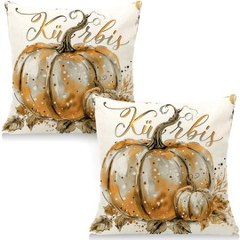 Cirzone Cushion Cover Autumn 45 x 45 cm Set of 2 Golden Pumpkin Autumn Cushion Autumn Decoration for Home Garden Sofa Bedroom