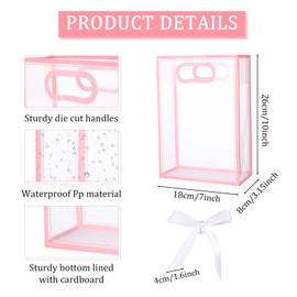 Limbeuuu 24 Pcs Clear Gift Bags with Handles 7.1"x10.2"x3.2" Plastic Party Favor Bag with Ribbon Reusable Goodie Bags Transparent Gift Wrap Bag Bulks for Bridal Wedding Birthday (Pink)
