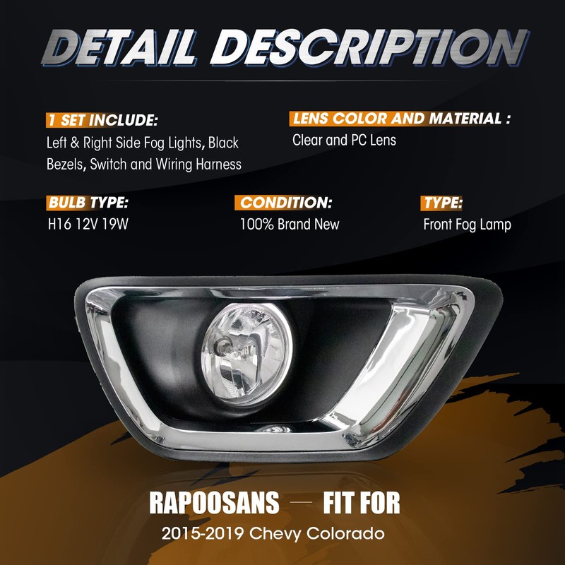 RAPOOSANS Driving Fog Lights Lamps Assembly for 2015-2019 Chevy Colorado