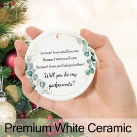 Will You Be My Godparents Proposal Gift, God Parents Presents Proposal Ornament, Ceramic Baptism Keepsake Christmas Ornaments with Ribbon and Gift Box