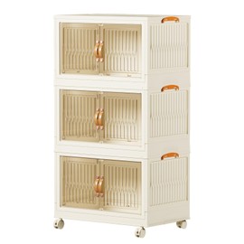 Stackable Storage Bins 104 Qt, Folding Storage Box with Lids and Doors, Open Front Folding Storage Bins with Wheels Large Plastic Storage Container Closet Organizers (3 Tier)