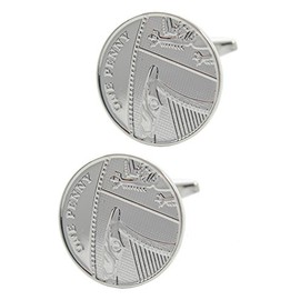 COLLAR AND CUFFS LONDON - Premium Cufflinks with Presentation Gift Box - Lucky Penny - British 1p Round Tails Coin Classic Design - Silver Colour