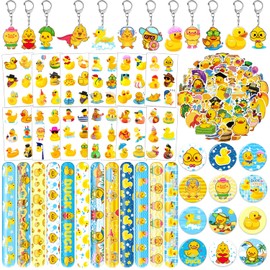 98 PCS Duck Party Favors Yellow Rubber Duck Party Decorations with Slap Bracelets, Temporary Tattoos, Stickers, Acrylic Keychains, and Badges Perfect for Duck Birthday Supplies and Gifts for Kids