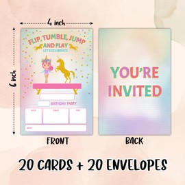 Gymnastics Unicorn Birthday Party Invite Card for Kid, Gold Foil Birthday Invitation for Girls, Set of 20 Cards and 20 Envelopes, Flip Tumble Jump Play Celebration Party Supplies for Teen - 26