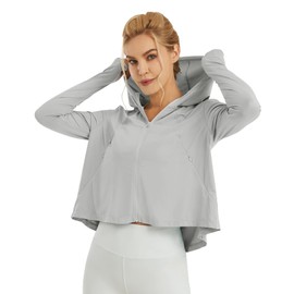 G4Free Women Rash Guard Long Sleeve UV Sun Protection Jacket Workout Tops Zipper Pockets Lightweight Hiking Outdoor (Light Grey,S)