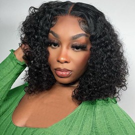 Curly Bob Wig Human Hair Wear and Go Glueless Bob Wigs Human Hair Pre Plucked Pre Cut 5x5 HD Lace Closure Deep Curly Wave Wigs for Black Women 180 Density Natural Color 12 Inch