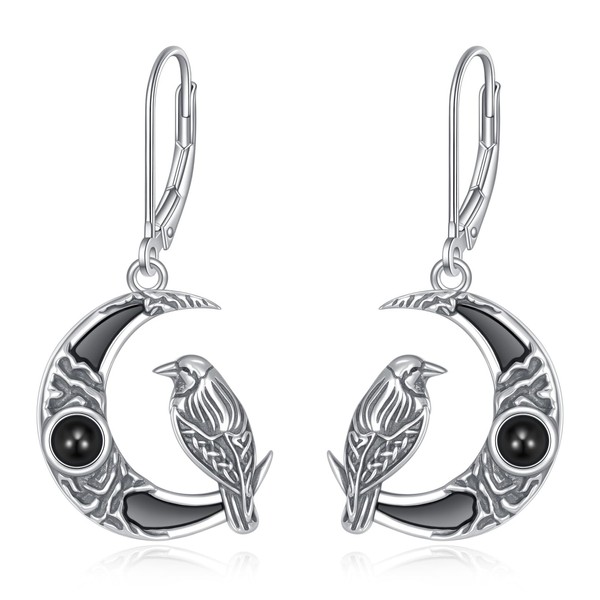Raben-Ohrringe aus 925er Sterlingsilber mit schwarzem Onyx, Mond- und Krähen-Anhänger,