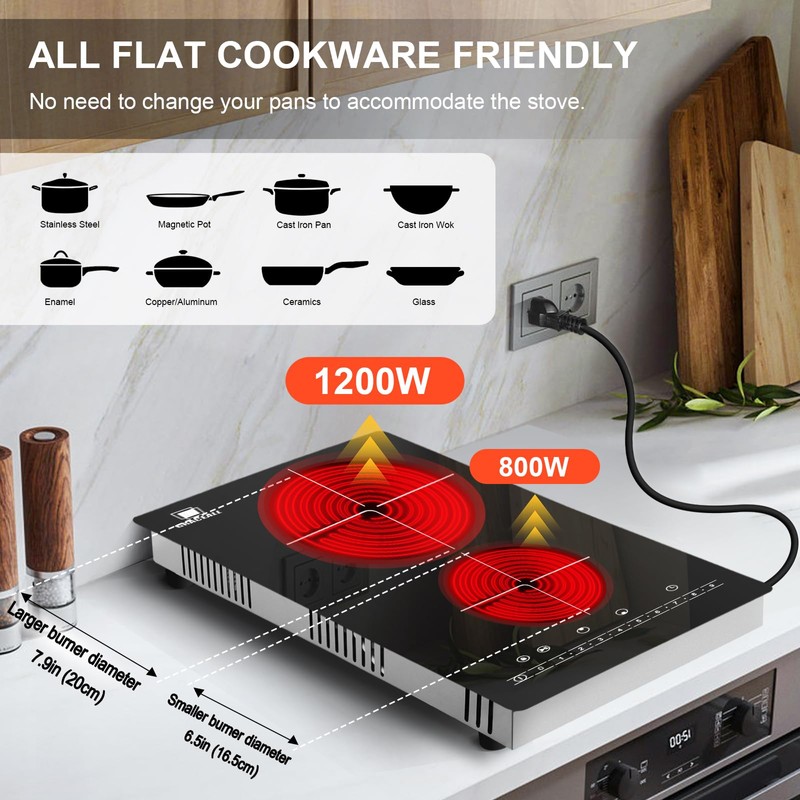 GRACEALL 12 Inch Electric Ceramic Cooktop, 2 Burner Radiant Stove