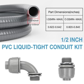 HOXHA 1/2 Inch 10 Ft Electrical Conduit Kit AC Whip Kit Flexible PVC Non Metallic Liquid Tight Conduit, Electrical Wire Conduit Pipe with Straight and 90-Degree Conduit Connector Fittings